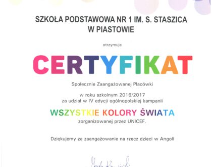 Kolejny certyfikat dla naszej szkoły