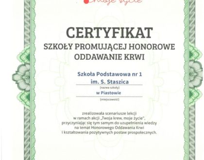 Certyfikat Szkoły Promującej Honorowe Oddawanie Krwi