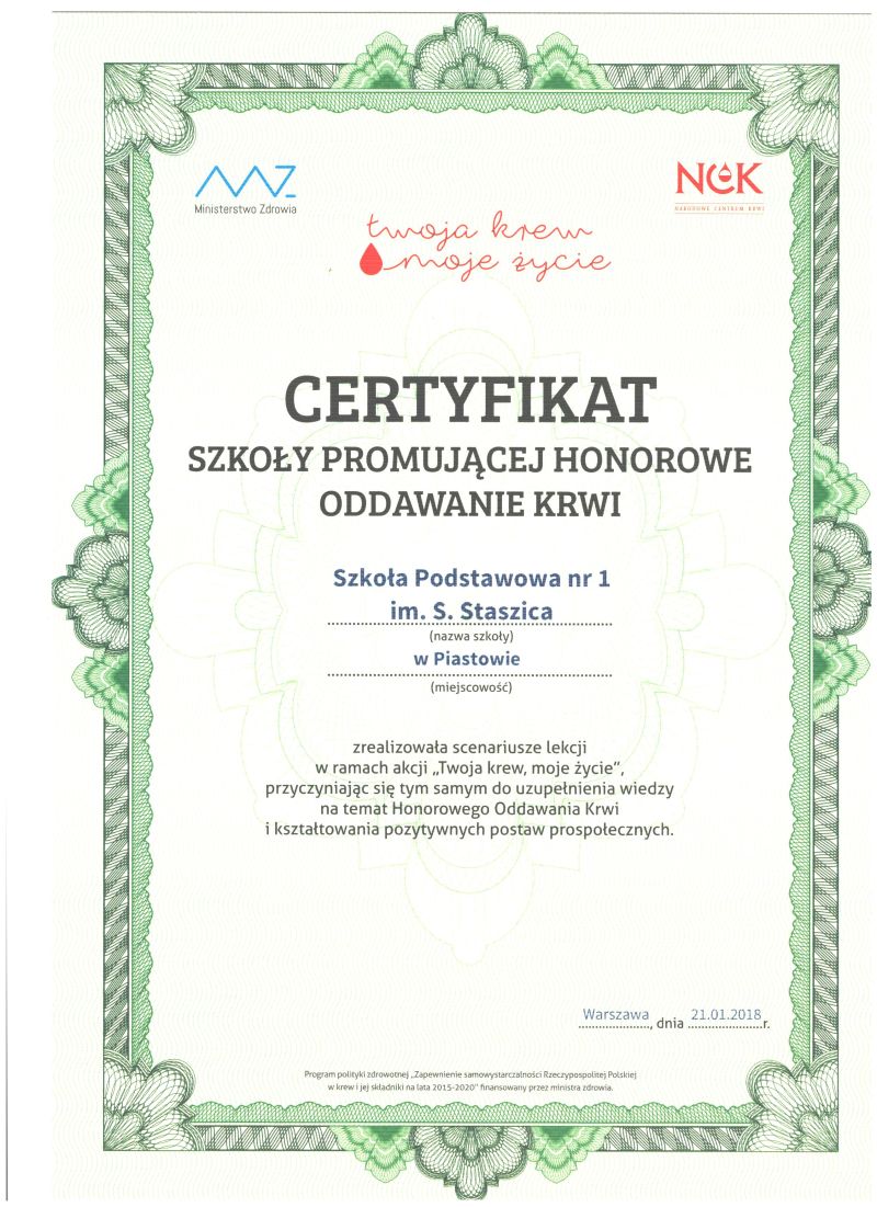 Certyfikat Szkoły Promującej Honorowe Oddawanie Krwi