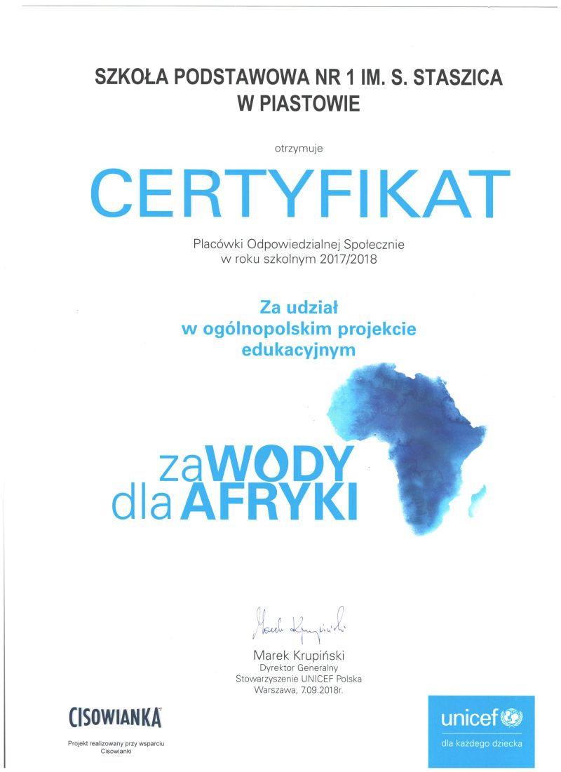 Certyfikat za udział w ogólnopolskim projekcie edukacyjnym