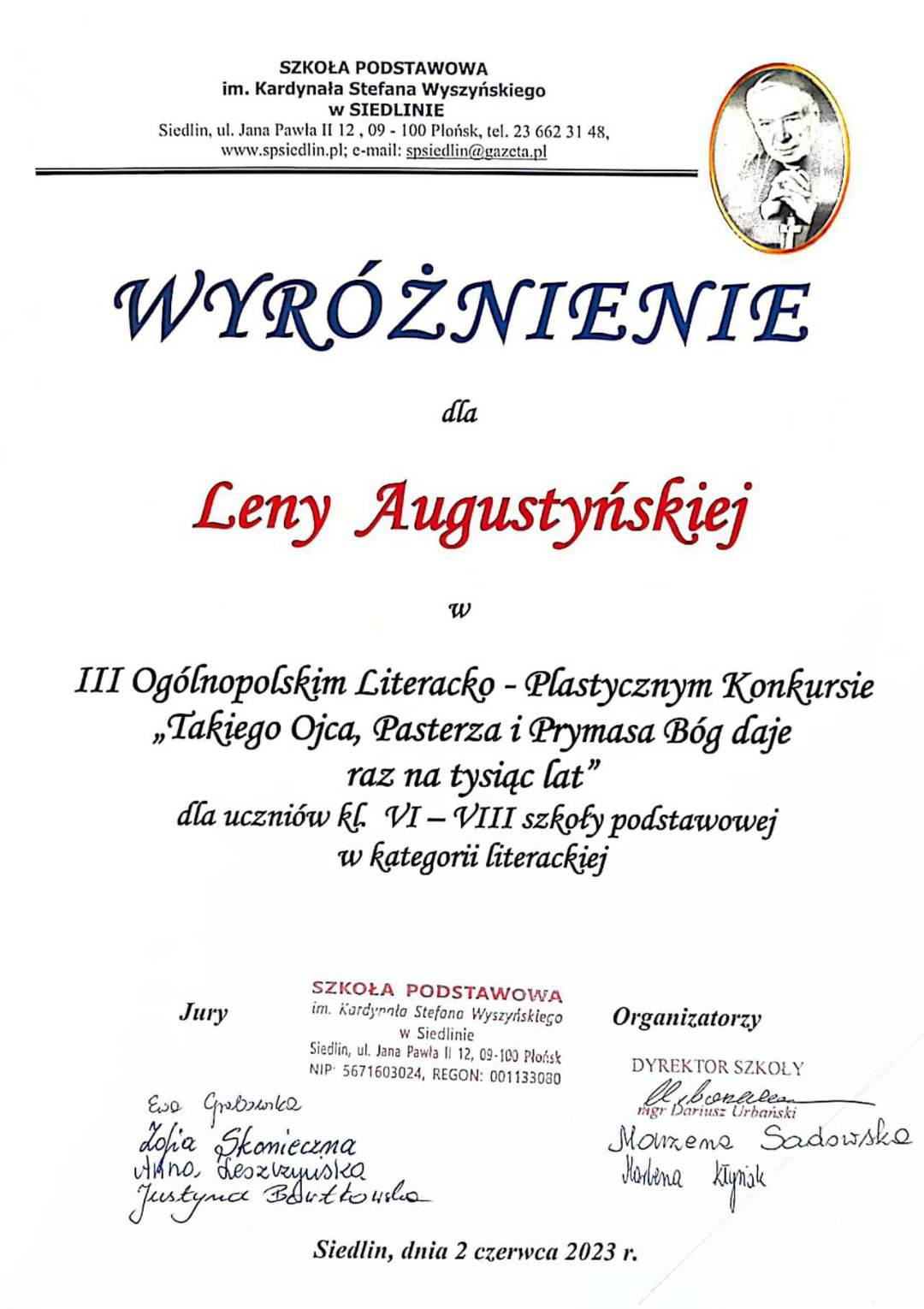 Wyróżnienie w Ogólnopolskim Konkursie Literackim